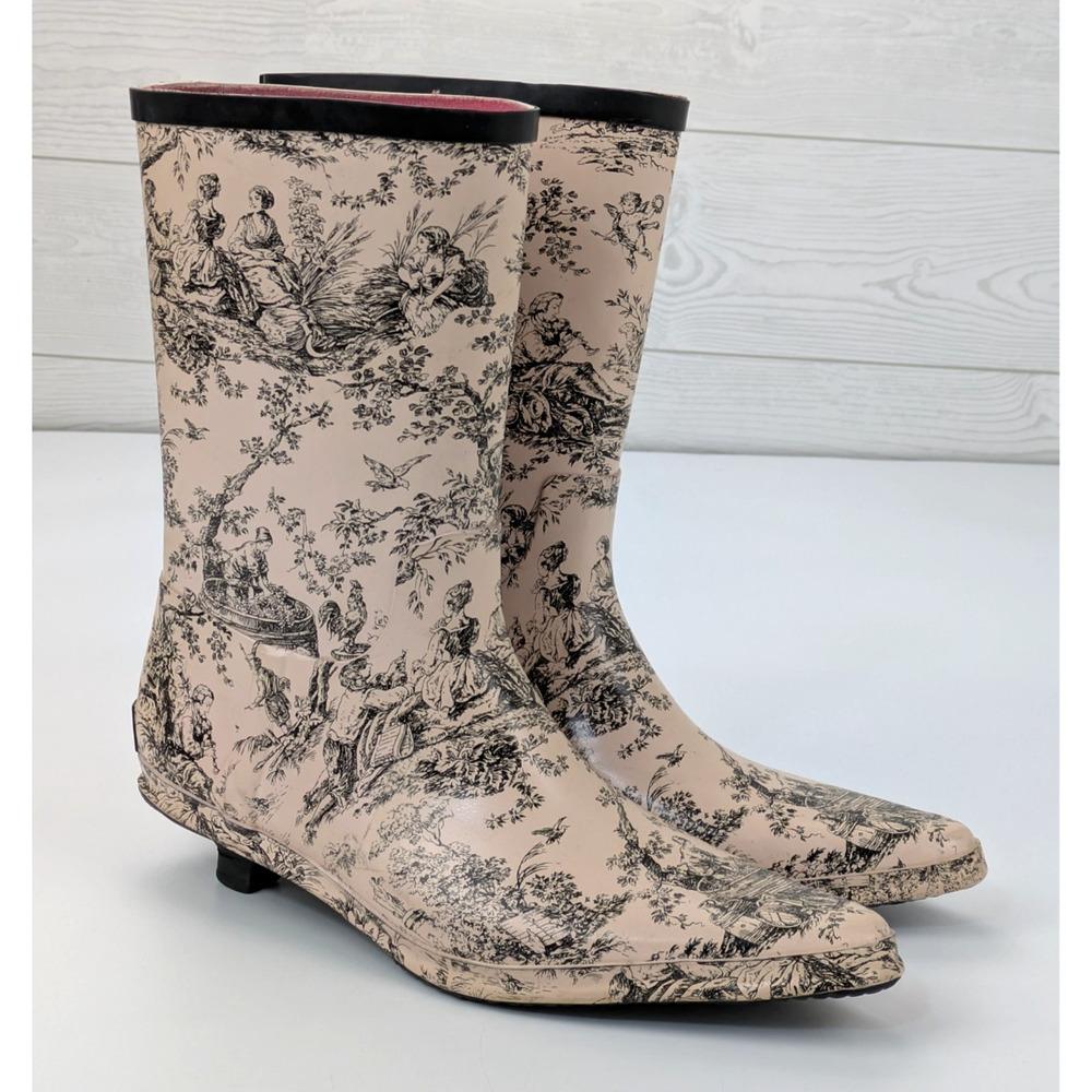 Tamara Henriques RARE Pink Toile Kitten Heel Rain Boots Women’s Sz 36 Y2K